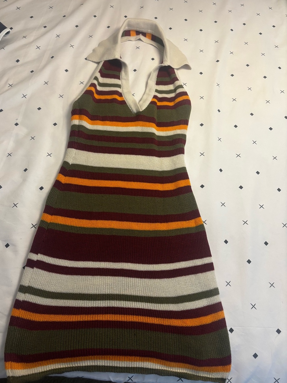 Striped Knit Halter Dress with Collar - Olive, Burgundy & Cream
